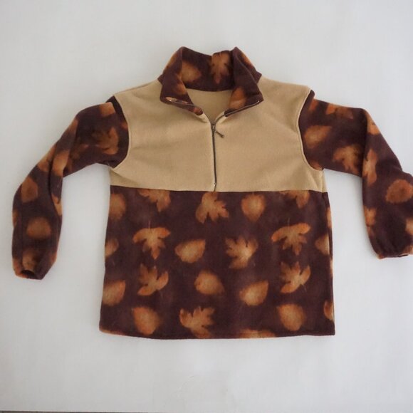 Sweaters - Vintage Brown Tan Leaf Print Quarter Zip Fleece Cottagecore Gorpcore Sweater S